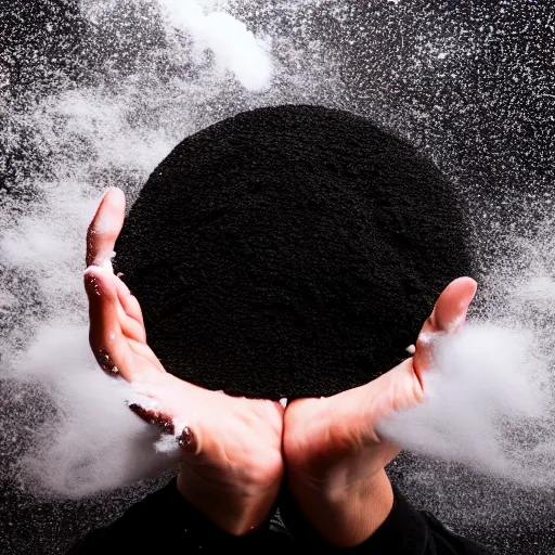 Prompt: a photo of two hands manipulating a smooth dough floating and spinning in the air, black background, flour dust spray, backlit, high quality action photography, studio photo, 50mm