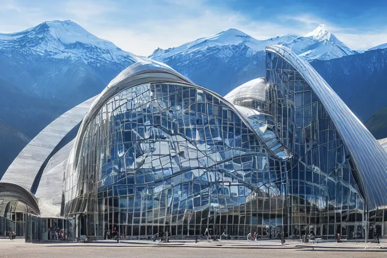 Image similar to architecture photo modern fachwerk giant opera building settlement with Elbrus mountain on the background, architecture, photorealism 8k , shining and happy atmosphere, uplight, high details