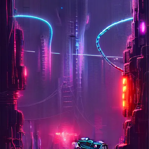 Image similar to cats cyborg inside an scifi tentacles wires futuristic city, beautiful neon cats, cinematic, highly detailed, photorealistic, rich bright colors, trending on artstation, giger, tsutomu nihei, trending on cgsociety, awe inspiring bruce pennington cityscape, digital art painting of 1 9 6 0 s