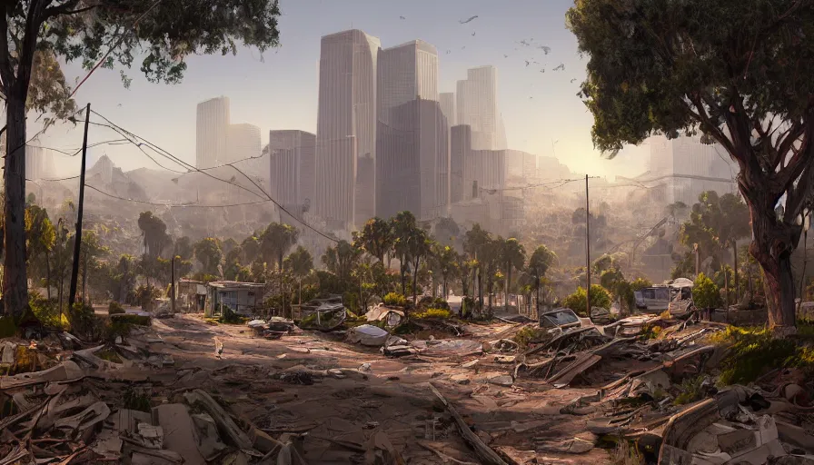 Prompt: Digital painting of the city of Los Angeles abandoned for centuries and covered by vegetations, animals in the streets, sunny day, beautiful, hyperdetailed, artstation, cgsociety, 8k