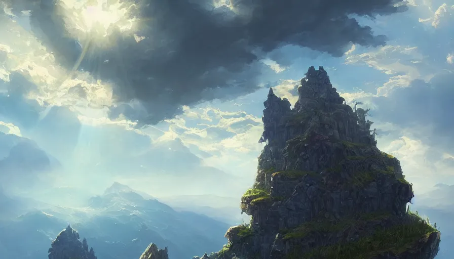 Prompt: crystal castle build on top of cliff, sun shining light rays thorugh the clouds, andreas rocha, greg rutkowski, trending on artstation, blue color scheme