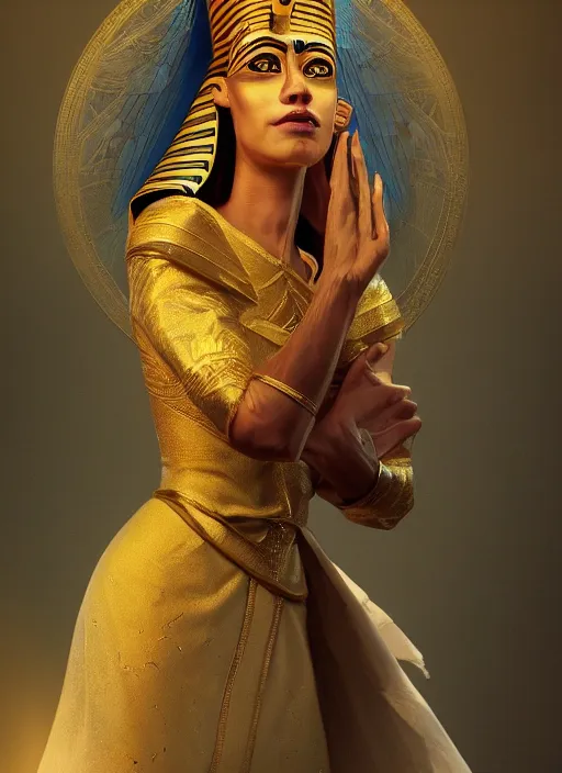 Image similar to an anthropomorphic beautiful female wizard of pharaoh holding magic wand portrait wearing robe, fine art, award winning, intricate, elegant, sharp focus, octane render, hyperrealistic, cinematic lighting, highly detailed, digital painting, 8 k concept art, art by jamie hewlett and z. w. gu, masterpiece, trending on artstation, 8 k