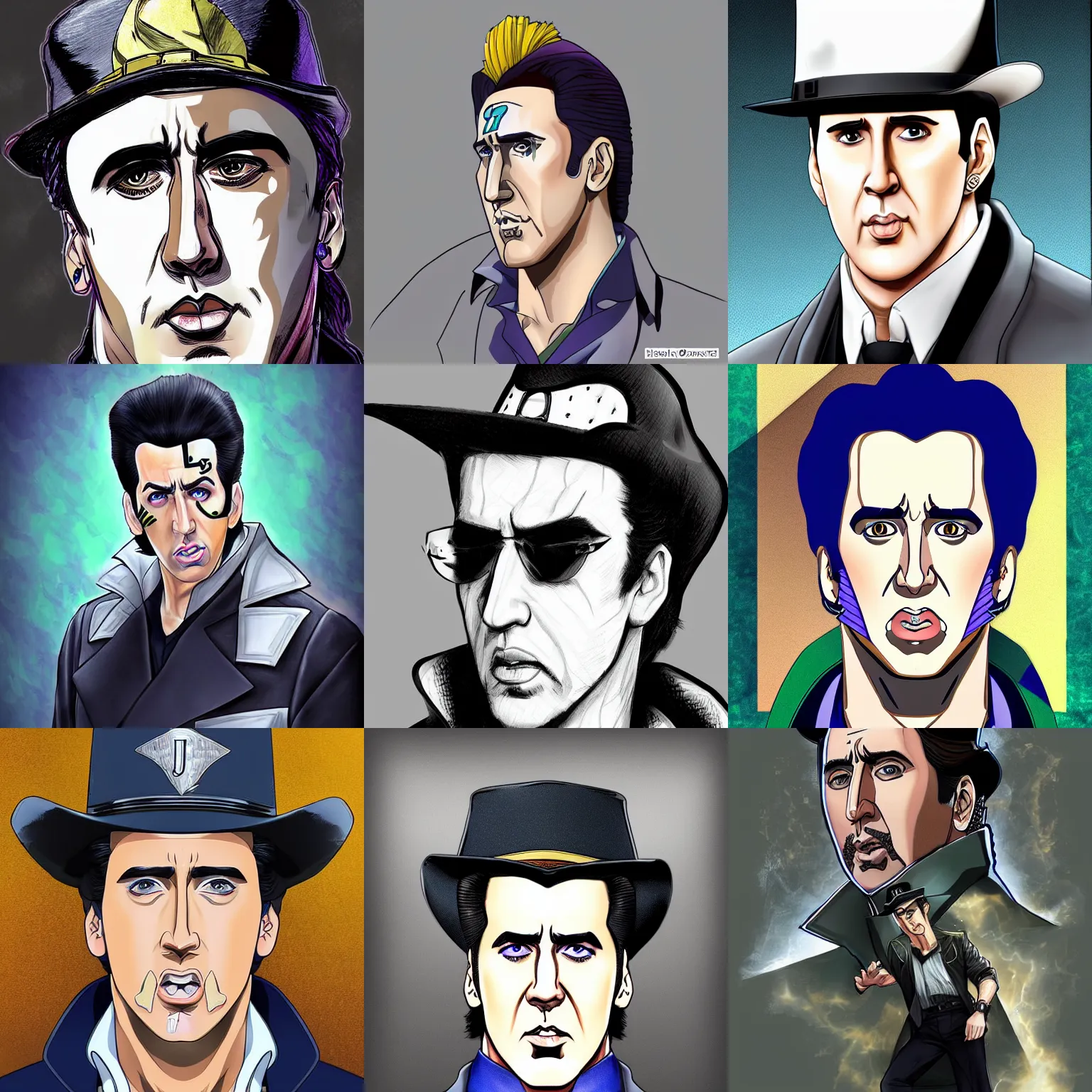 Prompt: digital art of nicolas cage portrait as jotaro, jojo, trending on artstation