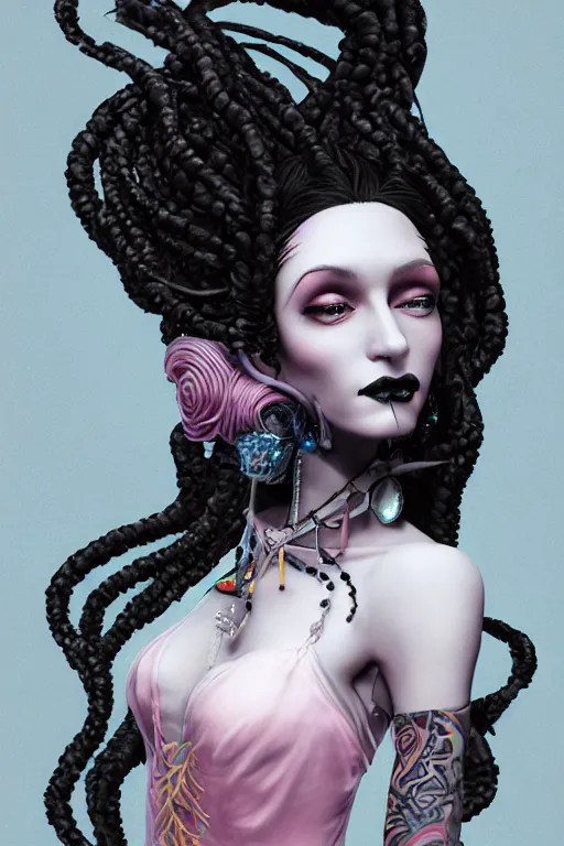 Prompt: vaporwave!!, an elegant sophisticated gothic queen with long wild dreads, straight on, by artgerm, jamie hewlett, tom bagshaw, gerald brom, 4 k, smooth, hd, substance designer render, full body character concept art, 2 point studio lighting,