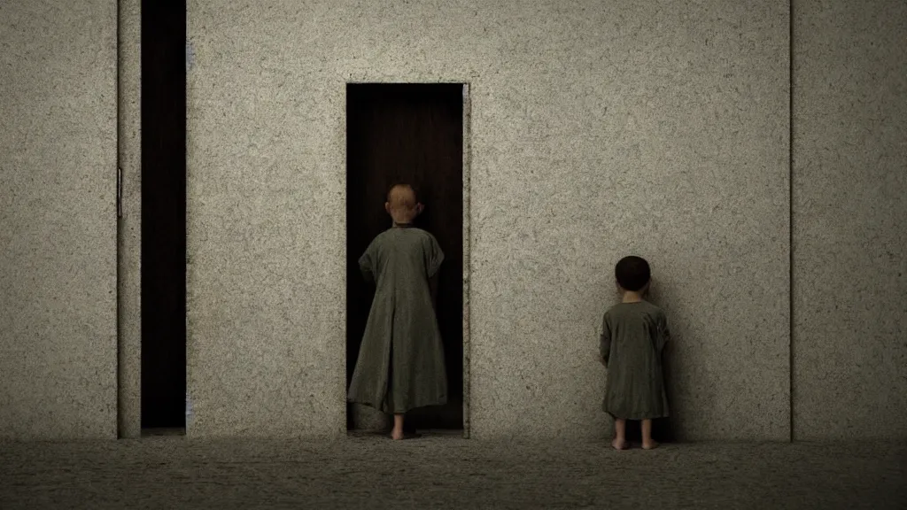 Prompt: children stalk the forbidden door, something waits inside, film still from the movie directed by Denis Villeneuve with art direction by Zdzisław Beksiński, telephoto lens, shallow depth of field
