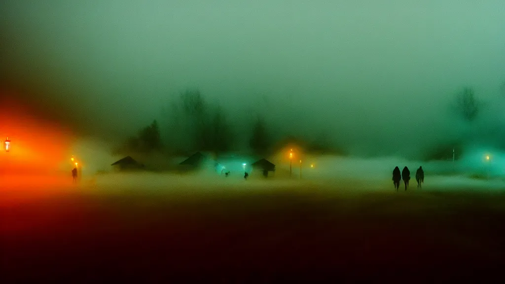 Image similar to the crowd flees the village, fog, volumetric lighting, mystique, atmospheric, golden hour, teal and orange, sharp focus, ultra detailed, noir art house, 4 k, cinematic, 3 5 mm