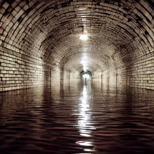 Image similar to flooded subway tunnel, eerie, creepy, spooky, liminal, liminal space, surreal, dark, dim,