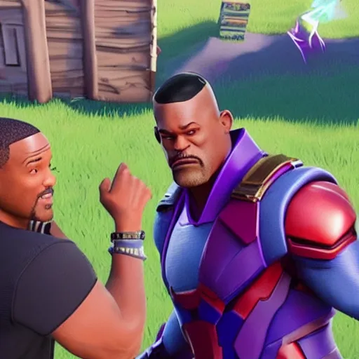 Prompt: Will Smith in fortnite slapping Thanos