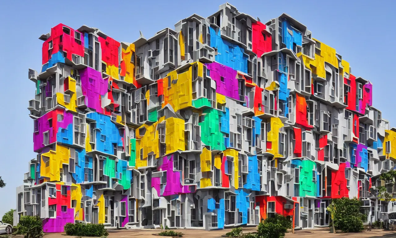 Image similar to african 3 d printed multifamily modern architecture, colorful geometric exterior cladding, architectural sculptural interior, ancestors and future, visually satisfying architecture render