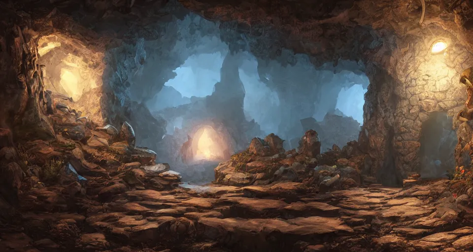 Image similar to An epic fantasy comic book style landscape painting of a thieves den hidden inside a cavern, unreal 5, DAZ, hyperrealistic, octane render, dynamic lighting