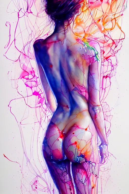 Image similar to sophia vergara by agnes cecile enki bilal moebius, intricated details, 3 / 4 back view, full body portrait, extremely luminous bright design, pastel colours, drips, autumn lights