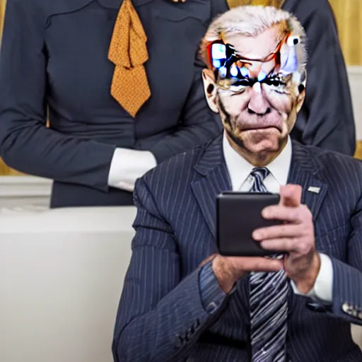 Prompt: joe biden sitting on a toilet looking at his phone, secret peekhole photo.