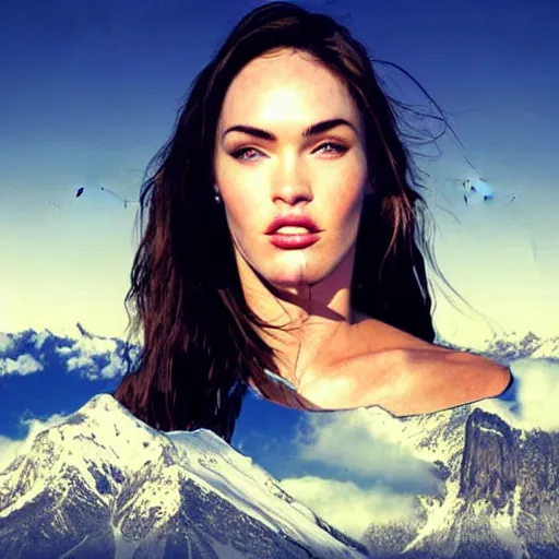 Prompt: double - exposure effect of megan fox face and beautiful mountains, in the style of dan mountford, amazing detail