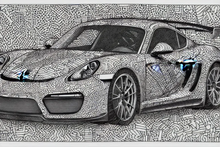 Prompt: a black and white drawing of a porsche cayman gt 4 rs, a detailed mixed media collage by hiroki tsukuda and eduardo paolozzi and moebius, intricate linework, sketchbook psychedelic doodle comic drawing, geometric, street art, polycount, deconstructivism, matte drawing, academic art, constructivism