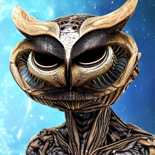 Prompt: alien owl, alien warrior, magic, stars, highly detailed, realistic, 8 k