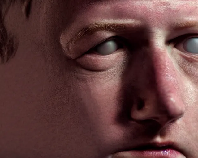 Image similar to extreme close - up of mark zuckerberg face with reptilian eyes and skin, award winning photography, extremely detailed, artstation, 8 k, sinister dramatic lighting