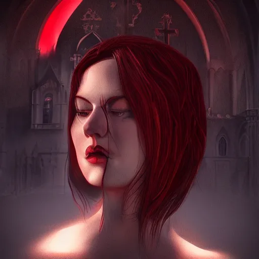 Prompt: shameless woman with impudent facial expression in shadow of church cross, elegant, dark and mysterious, atmospheric, red, trending on artstation, highly detailed, digital painting, volumetric light, concept art, illustration, rule 34