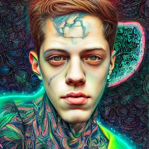 Prompt: portrait of pete davidson, hyper detailed masterpiece, neon floral pattern, jean giraud, digital art painting, darkwave goth aesthetic, psychedelic, artgerm, donato giancola and tom bagshaw