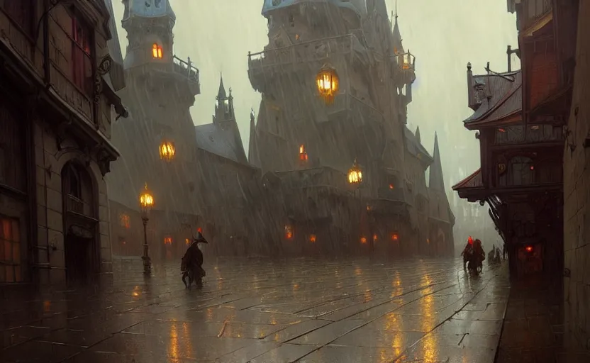 Prompt: an old medieval city with rainy atmosphere and moody and cinematic lighting by alphonse mucha, simon stalenhag and darek zabrocki, cinematic and atmospheric, concept art, artstation, trending on artstation