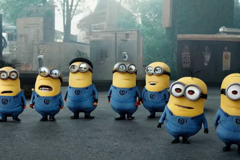 Image similar to donald trump as gru, being followed by minions, movie still