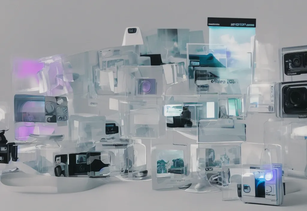 Image similar to curved transparent huds, volumetric lighting, bedroom, visor, users, pair of keycards on table, bokeh, creterion collection, shot on 7 0 mm, instax