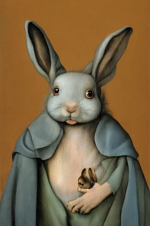 Image similar to silly hieronymus bosch oil painting portrait of a bunny in a coat. muted colour palette