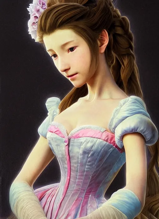 Prompt: elegant Aerith Gainsborough stares intently at the viewer in bemusement. ultra detailed painting at 16K resolution and epic visuals. epically surreally beautiful image. amazing effect, image looks crazily crisp as far as it's visual fidelity goes, absolutely outstanding. vivid clarity. ultra. iridescent. mind-breaking. mega-beautiful pencil shadowing. beautiful face. Ultra High Definition. amazingly crisp sharpness. high quality film still. processed twice. film grain. graphic novel poster.