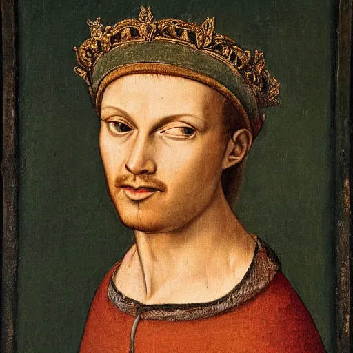 Image similar to a renaissance style portrait painting of a Lion, wearing a crown and cape, dark background