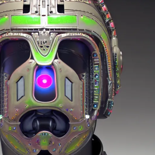 Prompt: a glossy claymodel of a dieselpunk aztec futuristic robot head with eeg probes, 8 k, front shot, symetrical, flourescent colors, halluzinogenic, multicolored, insanely detailed, 3 d render, octane