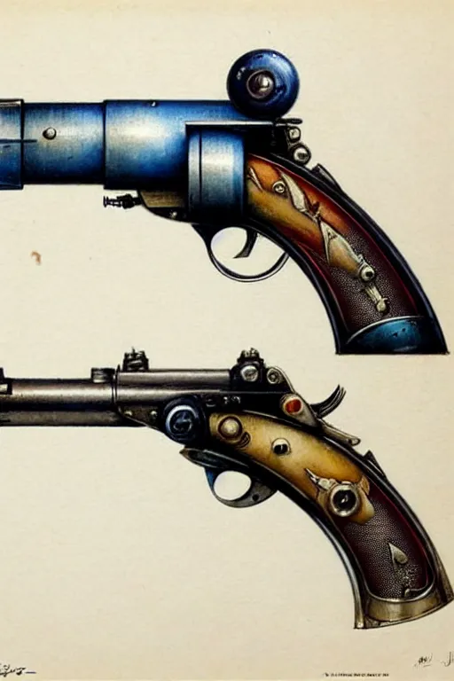 Image similar to ( ( ( ( ( 1 9 5 0 s retro science fiction raygun pistol. muted colors. ) ) ) ) ) by jean - baptiste monge!!!!!!!!!!!!!!!!!!!!!!!!!!!!!!