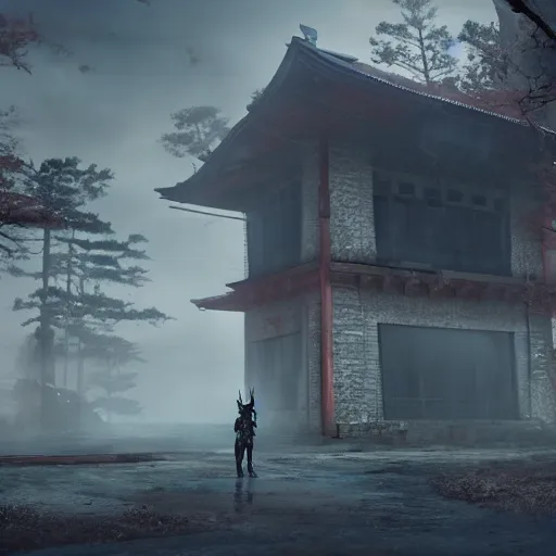 Image similar to samurai staying in front of abandoned hospital in woods, matte painting, hyper realistic render, cryengine, unreal engine, cyberpunk, dark art, digital art