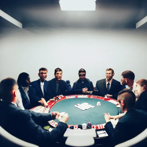 Image similar to a photo of a very large empty room in the bottom centre is a group of business men playing poker zoomed out from from the camera, cold lighting, award winning photo, monotone