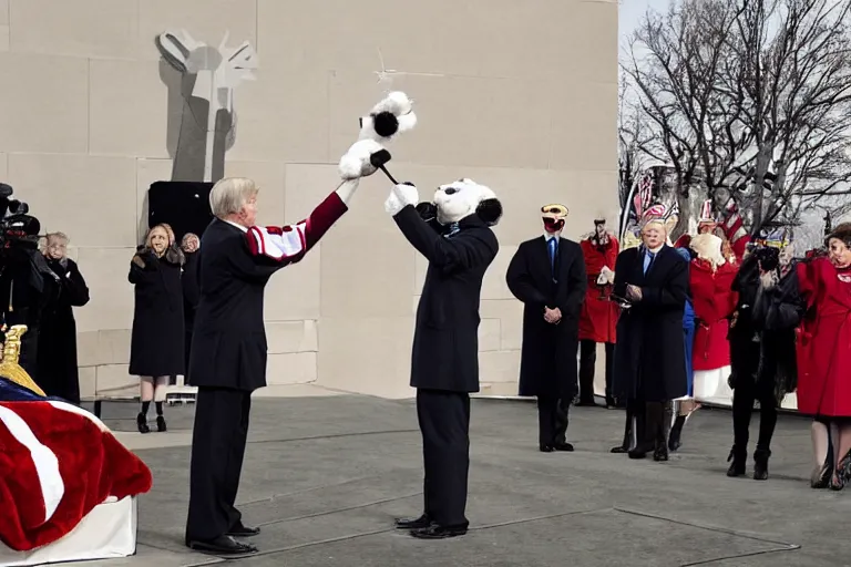 Image similar to photo of the usa presidential inauguration, a lion fursuiter being inaugurated as president