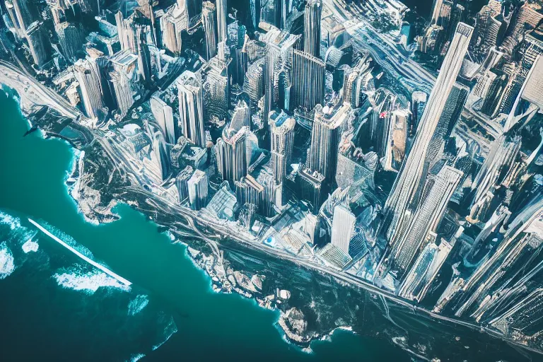 Image similar to futuristic city, aerial view, drone photography, cinematic, mountains and ocean