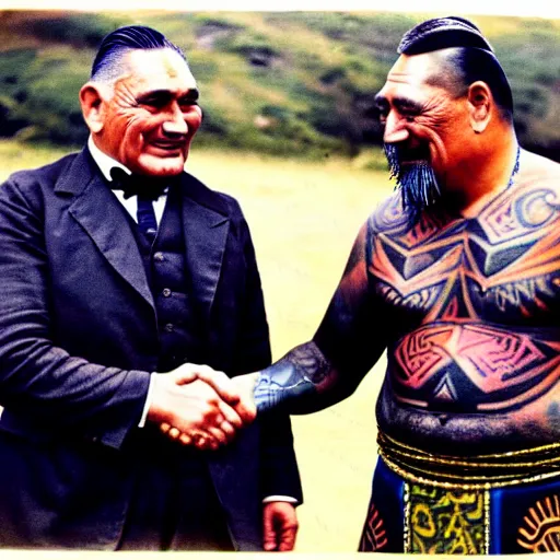 Image similar to a tattooed maori dignitary shakes hands with a 2 0 th century industrialist, colorized 1 9 0 4 photo, kodak camera, historical event, credit the national archives of the united kingdom