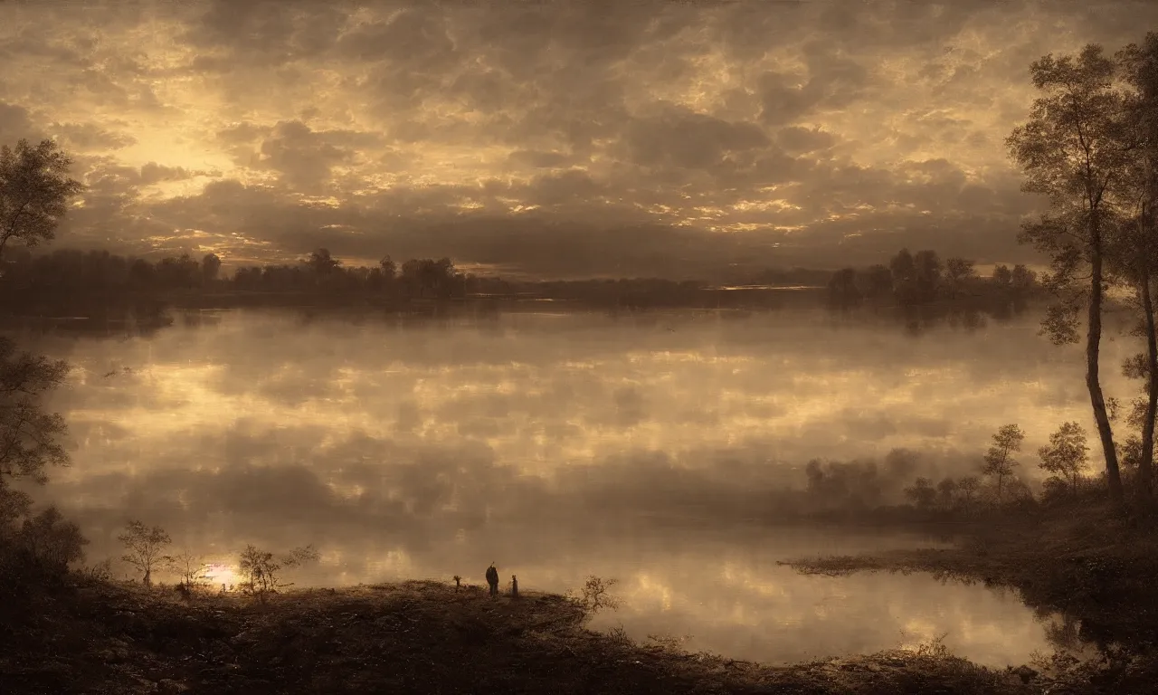 Image similar to a dark pond during golden hour. andreas achenbach, mikko lagerstedt, zack snyder, tokujin yoshioka