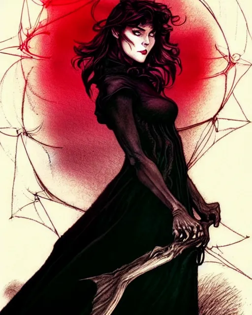 Image similar to style of arthur rackham, artgerm, rafael albuquerque, steve niles : : gorgeous mary elizabeth winstead : : evil sorceress, swirling black magic, black dress : : symmetrical face, symmetrical eyes : : full body pose : : gorgeous red hair : : cinematic lighting : :