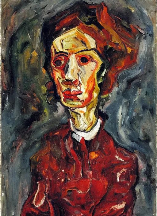 Image similar to an oil painting of a woman looking distressed, intense eyes, in a red dress posing with meat in expressive style of Chaim Soutine and Frank Auerbach, palette of maroon alizarin and dark gray greens, thick impasto painting technique
