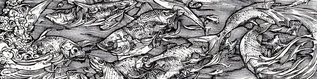 Prompt: Elaborate wallpaper print of Fish Kaiju attacking a boat in the Waves in the style of Albrecht Durer and Martin Schongauer, high contrast finely carved woodcut black and white crisp edges