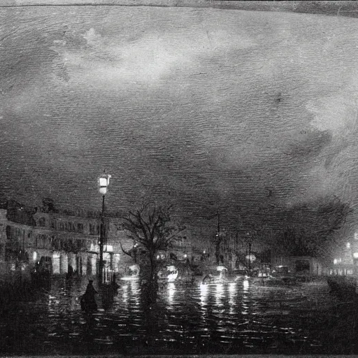 Image similar to It was a dark and stormy night; the rain fell in torrents, except at occasional intervals, when it was checked by a violent gust of wind which swept up the streets (for it is in London that our scene lies), rattling along the house-tops, and fiercely agitating the scanty flame of the lamps that struggled against the darkness