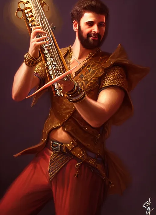 Image similar to a _ fantasy _ style _ portrait _ painting _ of pasific male charismatic bard playing instrument, rpg dnd oil _ painting _ unreal _ 5 _ daz. _ rpg _ portrait _ extremely _ detailed _ artgerm _ greg _ rutkowski _ greg