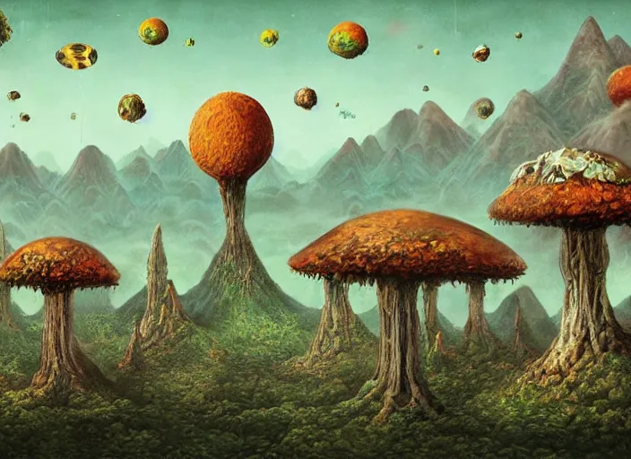 Prompt: a alien world with fungus mountains, cadmium trees, raining krypton, lowbrow, matte painting, 3 - d highly detailed, in the style of mark ryden,