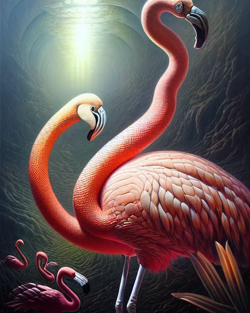 Image similar to a detailed portrait of dreampunk flamingo python hybrid mix by tomasz alen kopera and peter mohrbacher