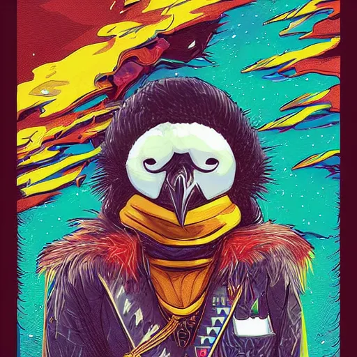 Prompt: anthropomorphic emperor penguin with a human characteristics rules the world from a throne of bones, digital art, fantasy, explosion of color, highly detailed, in the style of jake parker, in the style of conrad roset, swirly vibrant colors, sharp focus