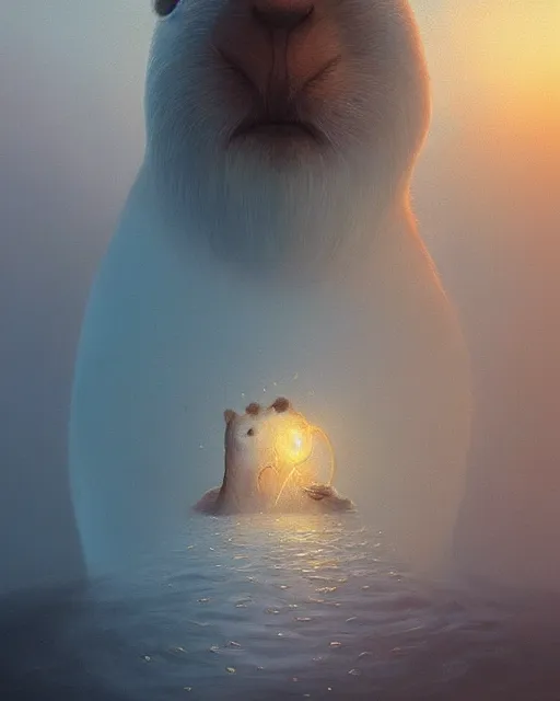 Image similar to lovecraftian white capybara, surreal photography, sunrise dramatic light, impressionist painting, digital painting, artstation, kilian eng, john harris, bastien lecouffe - deharme, simon stalenhag, flower face