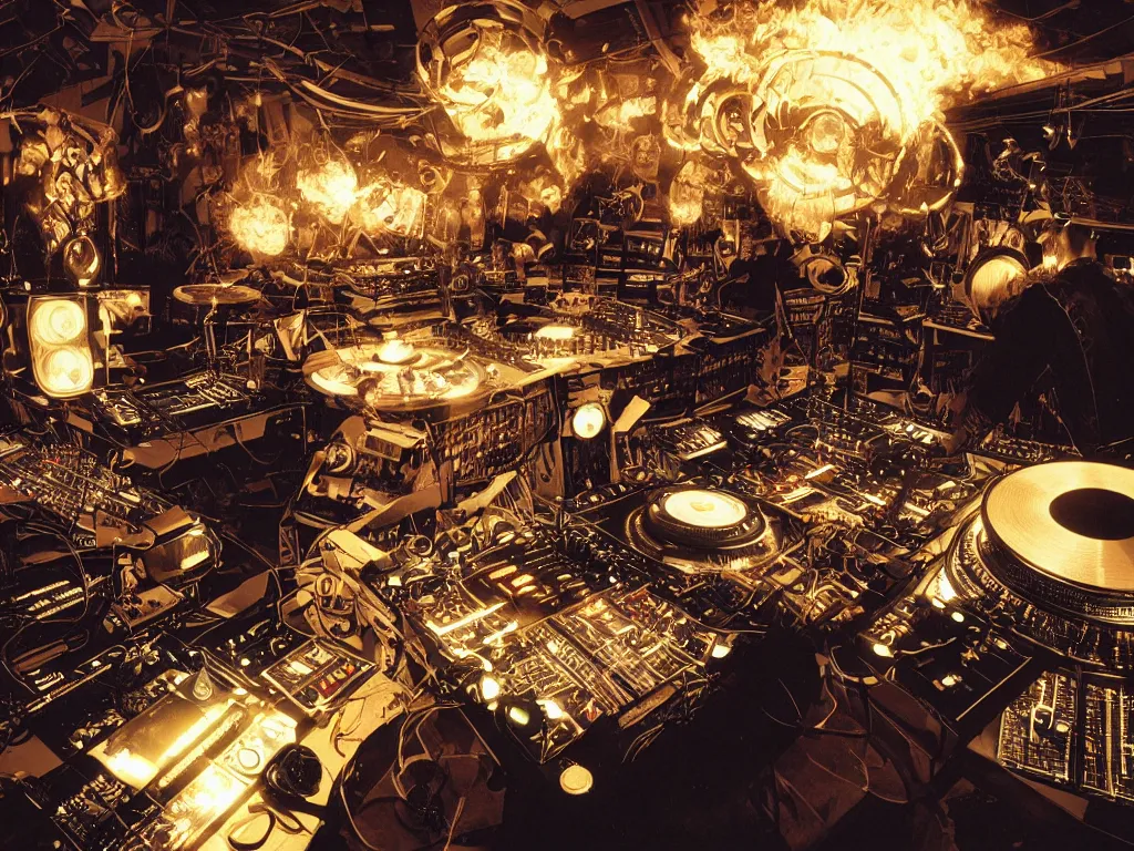 Image similar to an incredible masterpiece of a cyborg dj is playing a vast array of highly evolved and complex musical technology surrounded by an incredible and complex circular structure lit by fire, by craig mullins