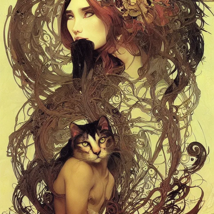 Image similar to A portrait of A cat with many eyes by Ross Tran!!! and alphonse mucha and greg rutkowski! and gustav doré! and Zdzisław Beksiński!,In style of digital art illustration.Symmetry.Highly detailed face.Fantasy,smooth,hyper detailed,sharp focus,Soft light.trending on artstation.4k