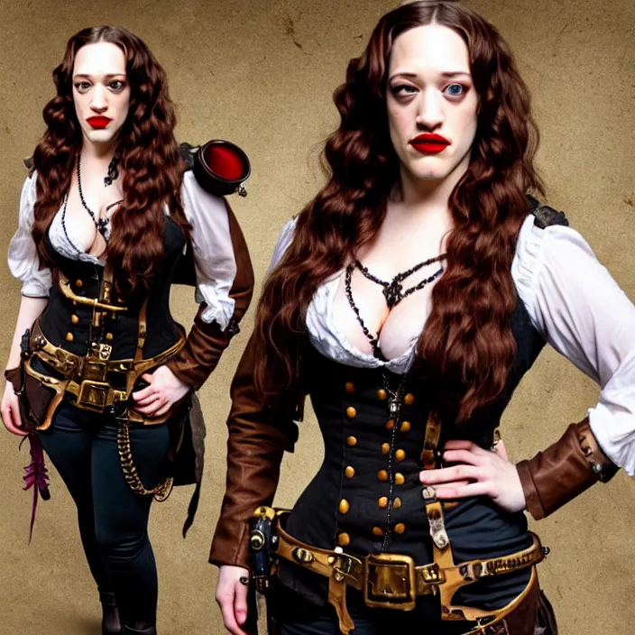 Image similar to full body photograph of kat dennings as a steampunk pirate. Extremely detailed. 8k