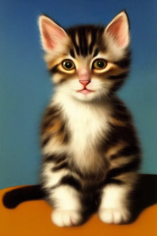 Image similar to 8K UHD cute kitten with floppy ears, by René Magritte, very detailed, matte, Gaussian blur, tone mapped