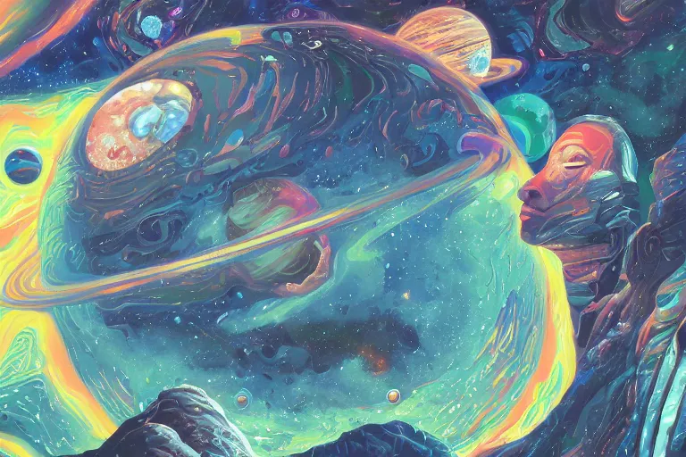 Prompt: space landscape, illustration painting, oil on canvas, intricate, portrait, detailed illustration, hd, digital art, overdetailed art, concept art, complementing colors, detailed, illustration painting by alex gray, digital art, overdetailed art, concept art, complementing colors rendered by beeple, syd meade,